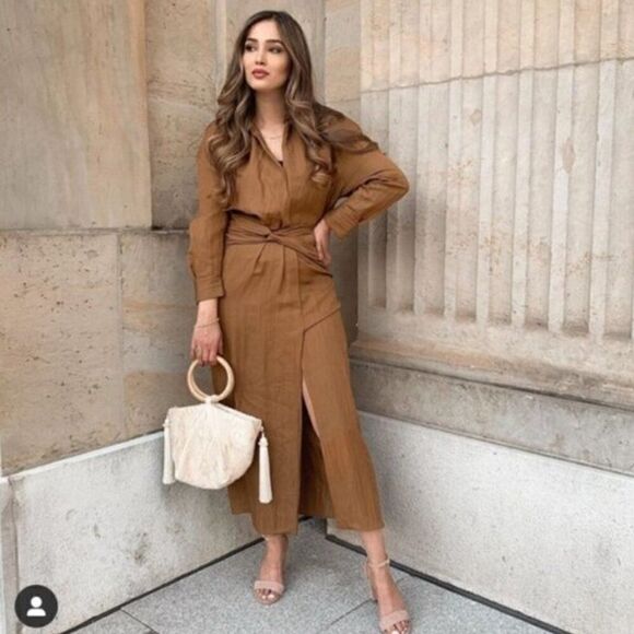 NWOT ZARA Blogger Favorite Brown Caramel Draped Shirt Midi Dress - Picture 1 of 16